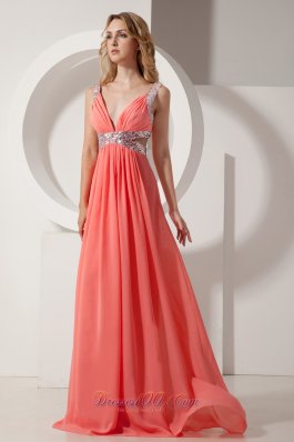 Watermelon Sequins V-neck Prom Evening Dress Chiffon