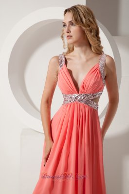 Watermelon Sequins V-neck Prom Evening Dress Chiffon