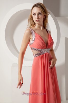 Watermelon Sequins V-neck Prom Evening Dress Chiffon