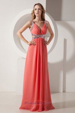 Watermelon Sequins V-neck Prom Evening Dress Chiffon