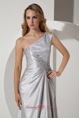 One Shoulder Beading Lace Silver Prom Evening Dress