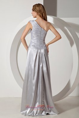 One Shoulder Beading Lace Silver Prom Evening Dress