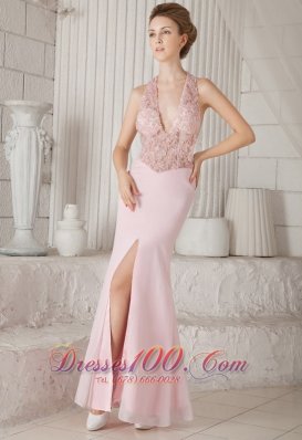 Pink Appliques V-neck Chiffon Slit Prom Evening Dress