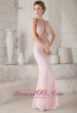 Pink Appliques V-neck Chiffon Slit Prom Evening Dress