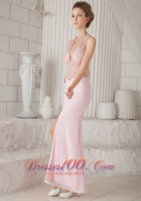 Pink Appliques V-neck Chiffon Slit Prom Evening Dress