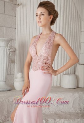 Pink Appliques V-neck Chiffon Slit Prom Evening Dress