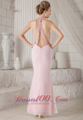 Pink Appliques V-neck Chiffon Slit Prom Evening Dress