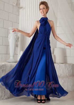 Halter High Neck Ruched Royal Blue Evening Prom Dress