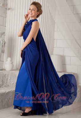 Halter High Neck Ruched Royal Blue Evening Prom Dress