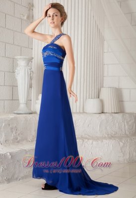 Blue One Shoulder Brush Beading Evening Dress For Prom