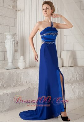 Blue One Shoulder Brush Beading Evening Dress For Prom