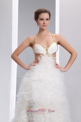 White Spaghetti Straps Beaded Prom Party Evening Dress Organza