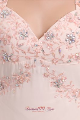 Appliques Light Pink Prom Evening Dress Straps Train