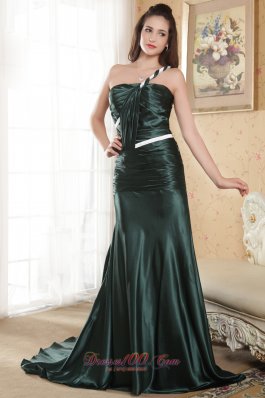 Dark Green One Shoulder Ruched Prom Evening Dress Court Train