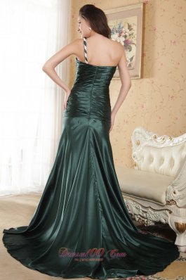 Dark Green One Shoulder Ruched Prom Evening Dress Court Train