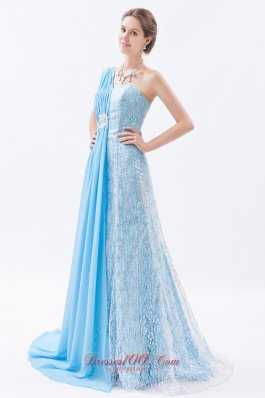 One Shoulder Baby Blue Lace Prom Evening Dress Beaded