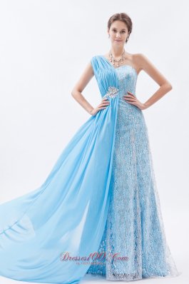 One Shoulder Baby Blue Lace Prom Evening Dress Beaded