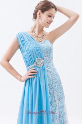 One Shoulder Baby Blue Lace Prom Evening Dress Beaded