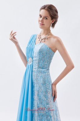 One Shoulder Baby Blue Lace Prom Evening Dress Beaded