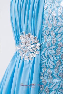 One Shoulder Baby Blue Lace Prom Evening Dress Beaded