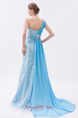 One Shoulder Baby Blue Lace Prom Evening Dress Beaded