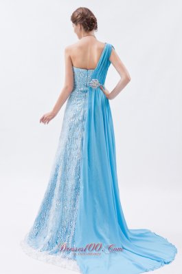 One Shoulder Baby Blue Lace Prom Evening Dress Beaded