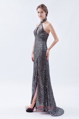 Silver Sequin High-neck Prom Celebrity Dress Brush