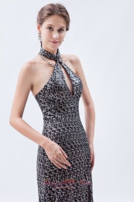 Silver Sequin High-neck Prom Celebrity Dress Brush