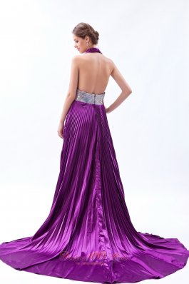 Sequin Halter Pleats Eggplant Purple Evening Dress