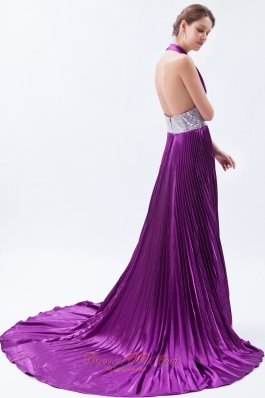 Sequin Halter Pleats Eggplant Purple Evening Dress