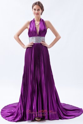 Sequin Halter Pleats Eggplant Purple Evening Dress