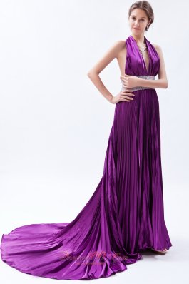 Sequin Halter Pleats Eggplant Purple Evening Dress