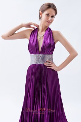 Sequin Halter Pleats Eggplant Purple Evening Dress