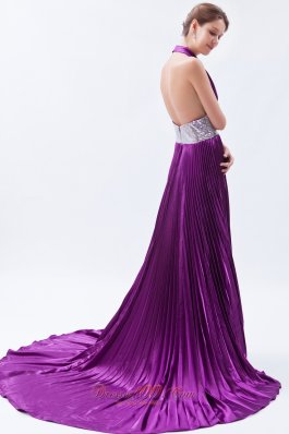 Sequin Halter Pleats Eggplant Purple Evening Dress