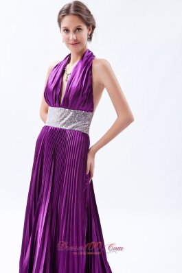 Sequin Halter Pleats Eggplant Purple Evening Dress