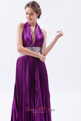 Sequin Halter Pleats Eggplant Purple Evening Dress