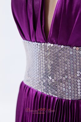 Sequin Halter Pleats Eggplant Purple Evening Dress