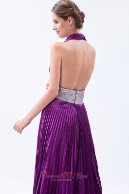 Sequin Halter Pleats Eggplant Purple Evening Dress