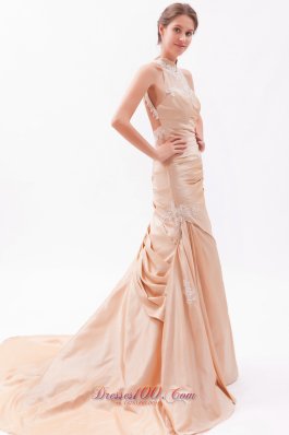 Embroidery Champagne High-neck Prom Evening Dress