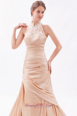 Embroidery Champagne High-neck Prom Evening Dress