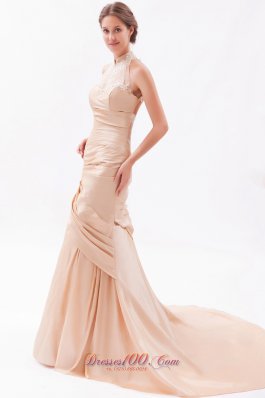 Embroidery Champagne High-neck Prom Evening Dress