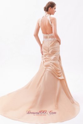 Embroidery Champagne High-neck Prom Evening Dress