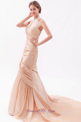 Embroidery Champagne High-neck Prom Evening Dress