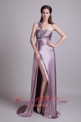 Lavender One Shoulder Brusn Train Beaded Prom Evening Dress