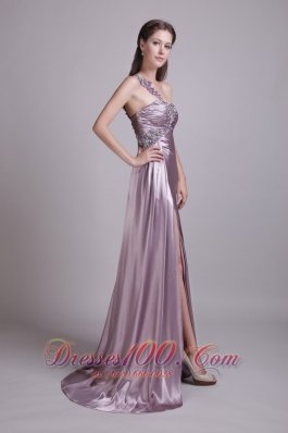 Lavender One Shoulder Brusn Train Beaded Prom Evening Dress