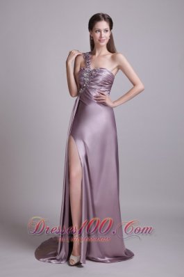 Lavender One Shoulder Brusn Train Beaded Prom Evening Dress