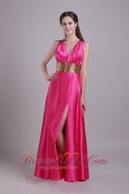 Hot Pink V-neck Paillette Sash Prom Evening Dress