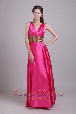 Hot Pink V-neck Paillette Sash Prom Evening Dress