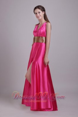 Hot Pink V-neck Paillette Sash Prom Evening Dress