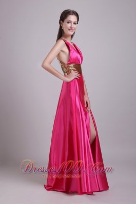 Hot Pink V-neck Paillette Sash Prom Evening Dress